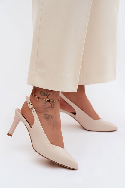 Women's Black and Beige Faux Leather Heeled Sandals back view