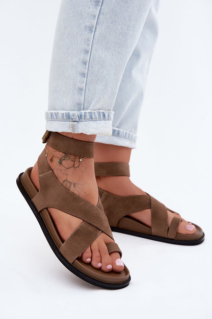 Women's Beige and Brown Suede Sandals front view