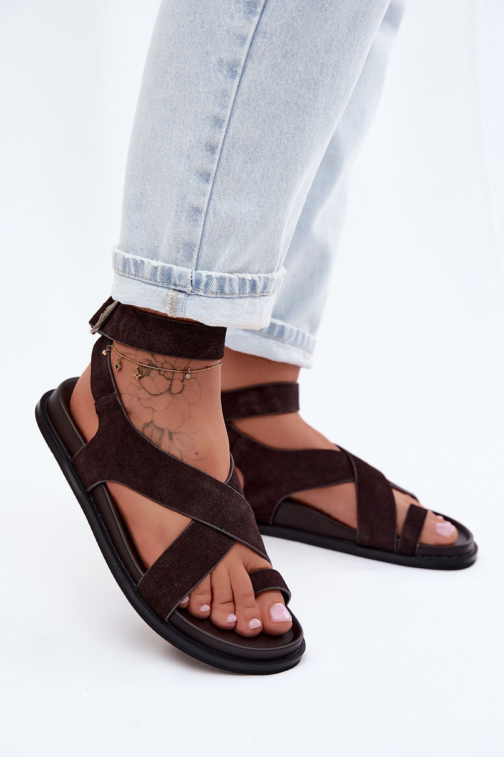 Women's Beige and Brown Suede Sandals back view