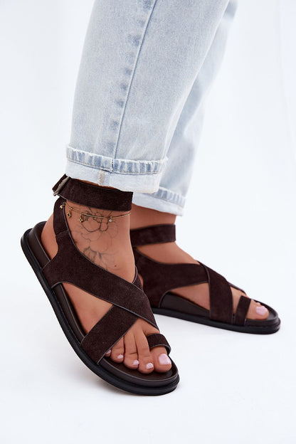 Women's Beige and Brown Suede Sandals back view