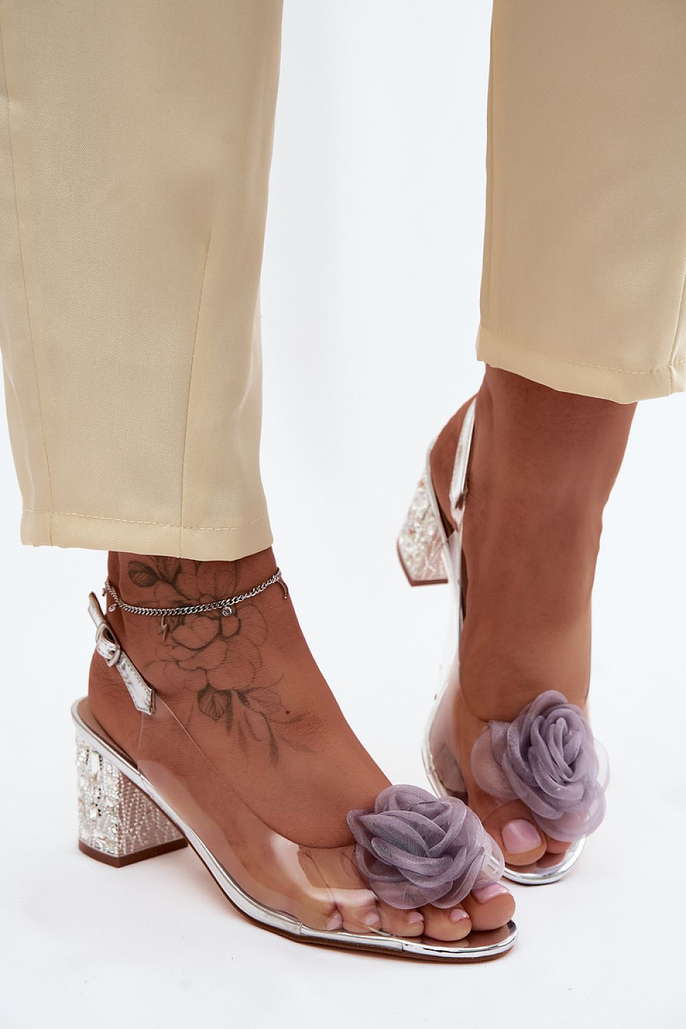 Women's Grey, Black, and Yellow Heeled Sandals detail view