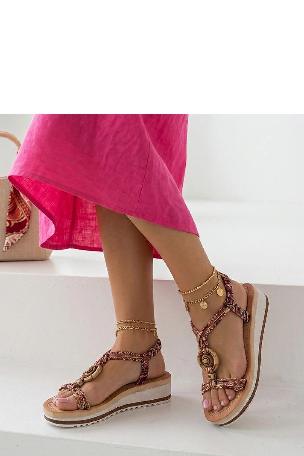 Women's Brown and Blue Fabric 4 Cm Heel Wedge Sandals side view