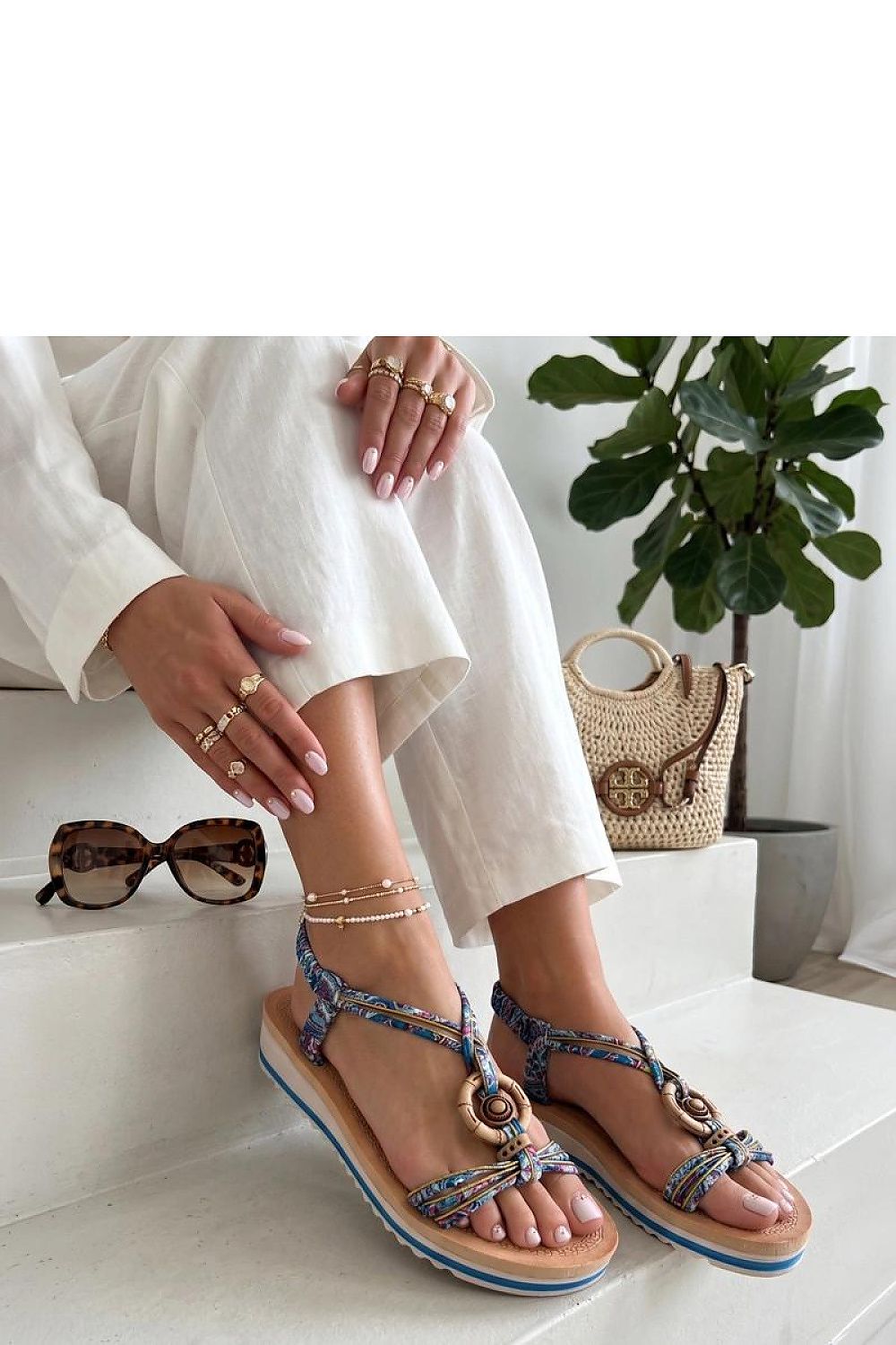 Women's Brown and Blue Fabric 4 Cm Heel Wedge Sandals detail view
