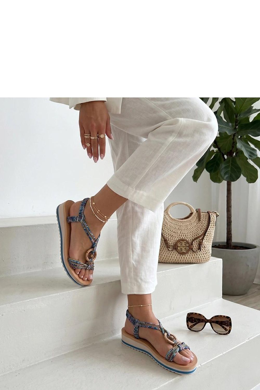 Women's Brown and Blue Fabric 4 Cm Heel Wedge Sandals back view