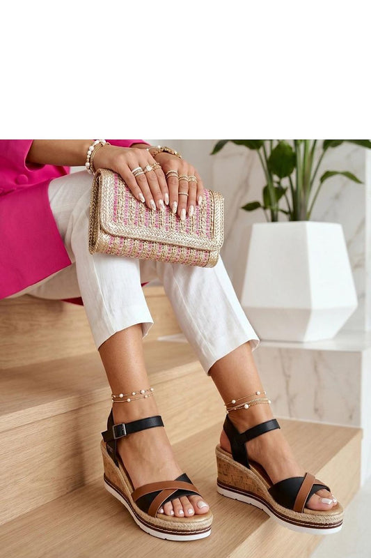 Women's Black Fabric 8 Cm Heel Wedge Sandals front view
