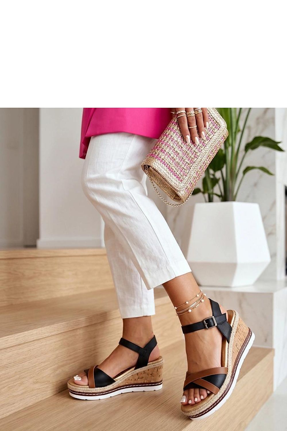 Women's Black Fabric 8 Cm Heel Wedge Sandals side view