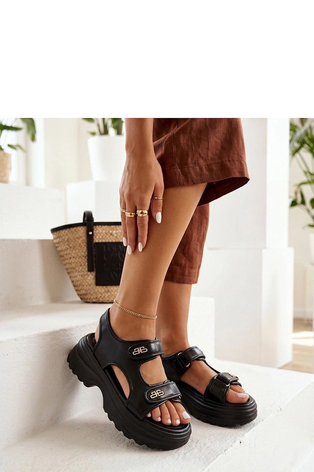 Women's Beige and Black Faux Leather Platform Sandals view 7