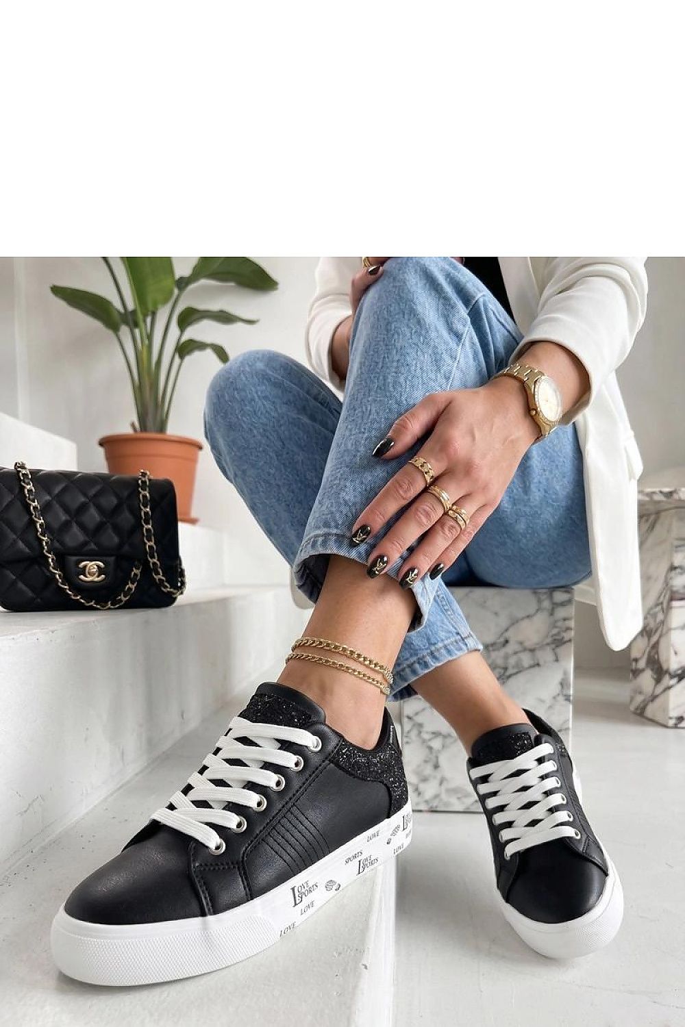 Women's Black and White Faux Leather Platform Sneakers front view