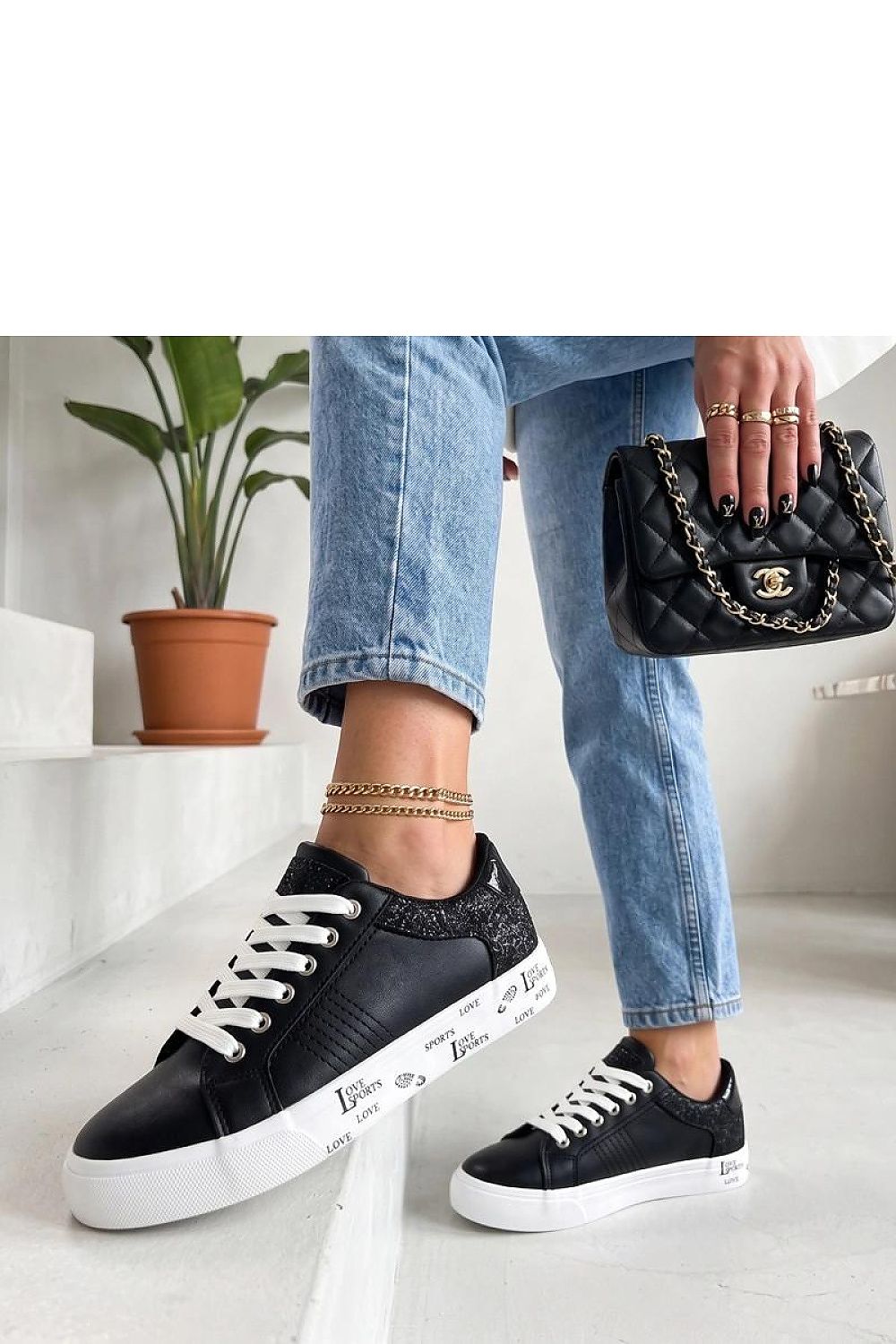 Women's Black and White Faux Leather Platform Sneakers side view