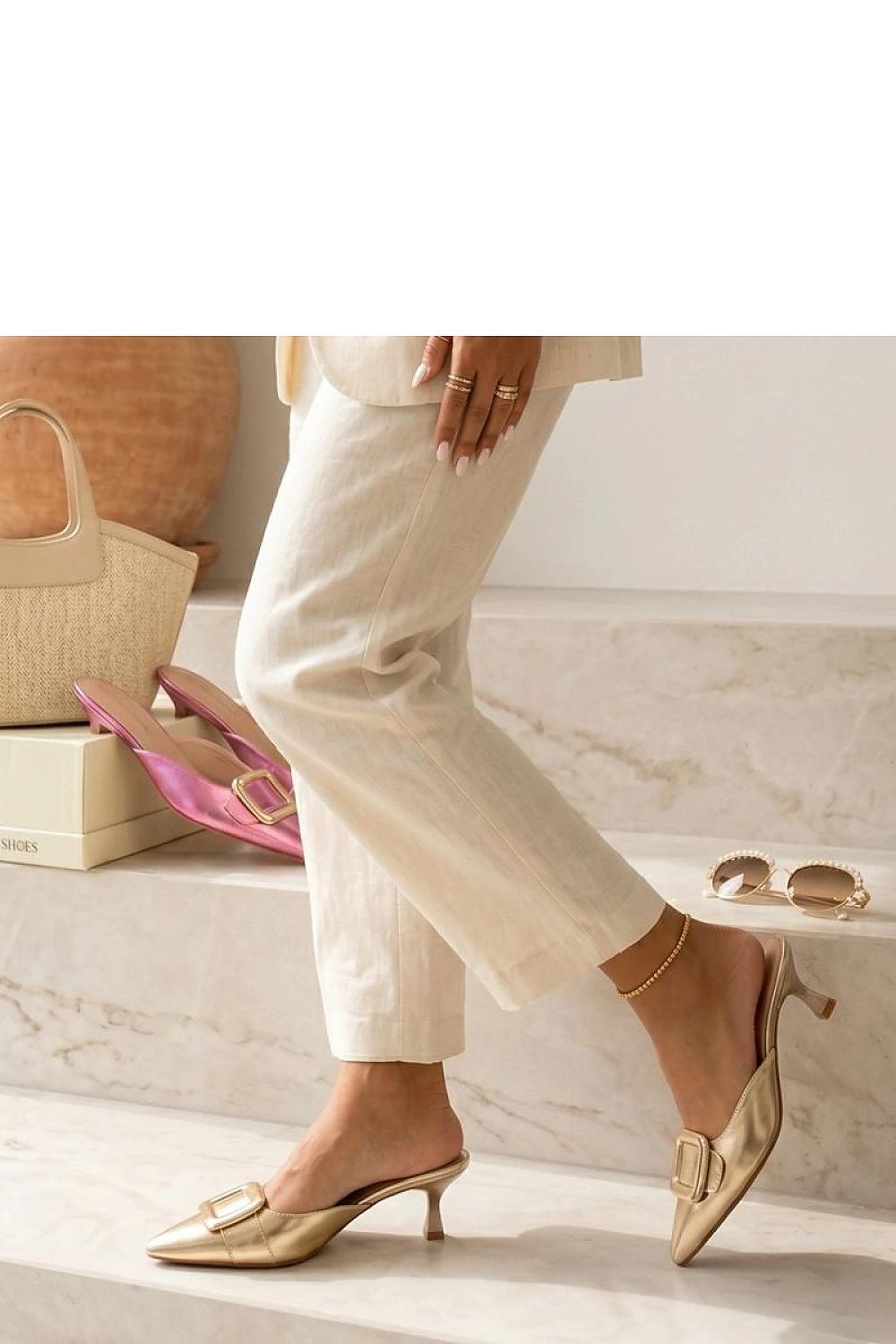 Women's White, Yellow, and Black Faux Leather Block Heel Heeled Sandals back view