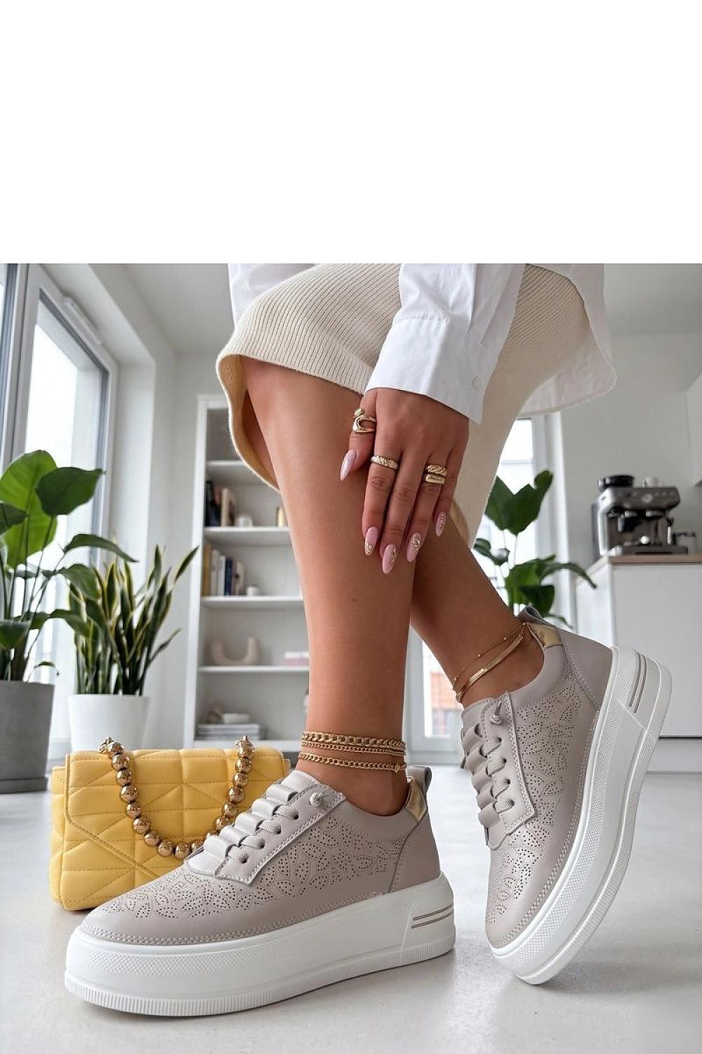 Women's Beige and White Leather Platform Sneakers front view