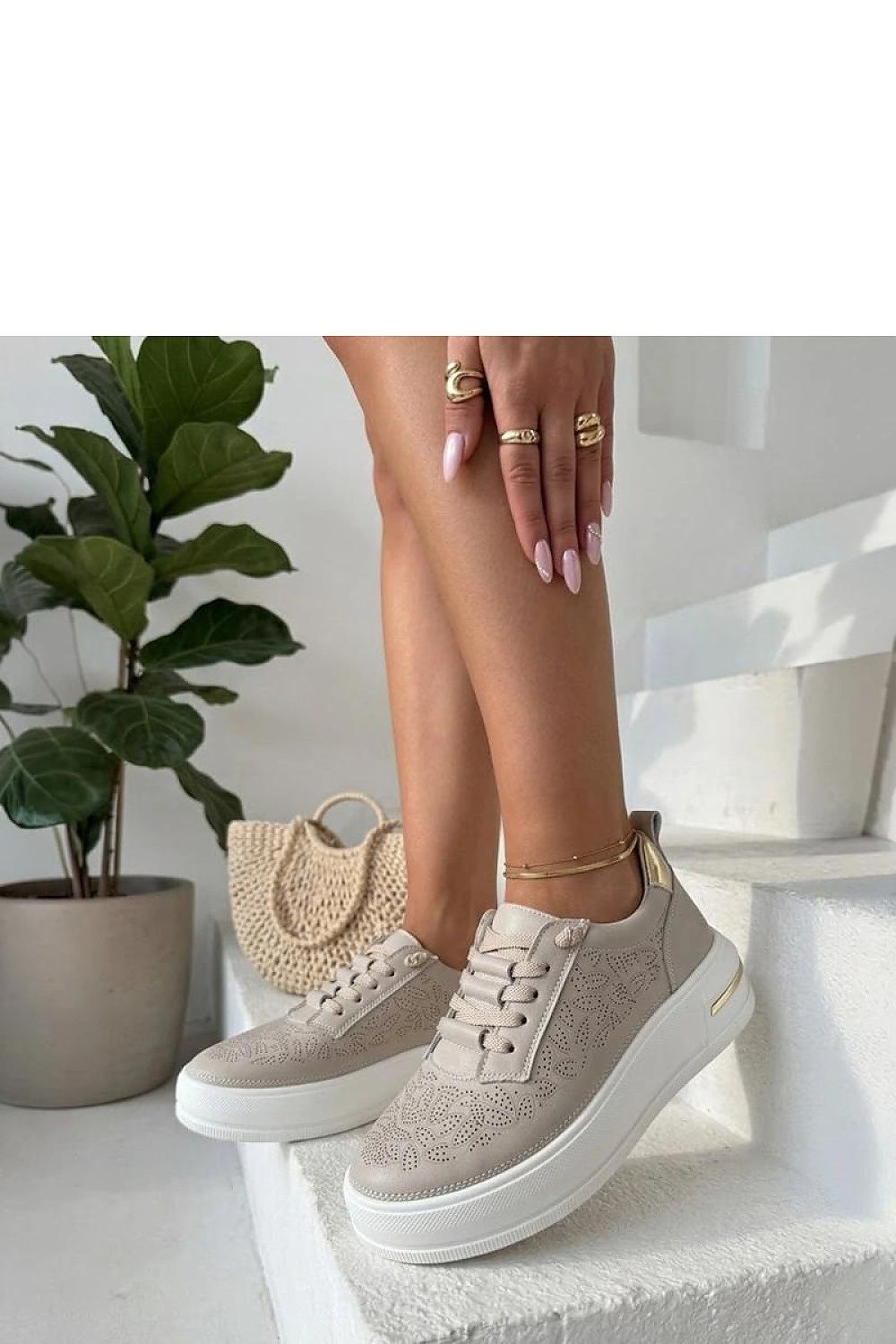 Women's Beige and White Leather Platform Sneakers side view