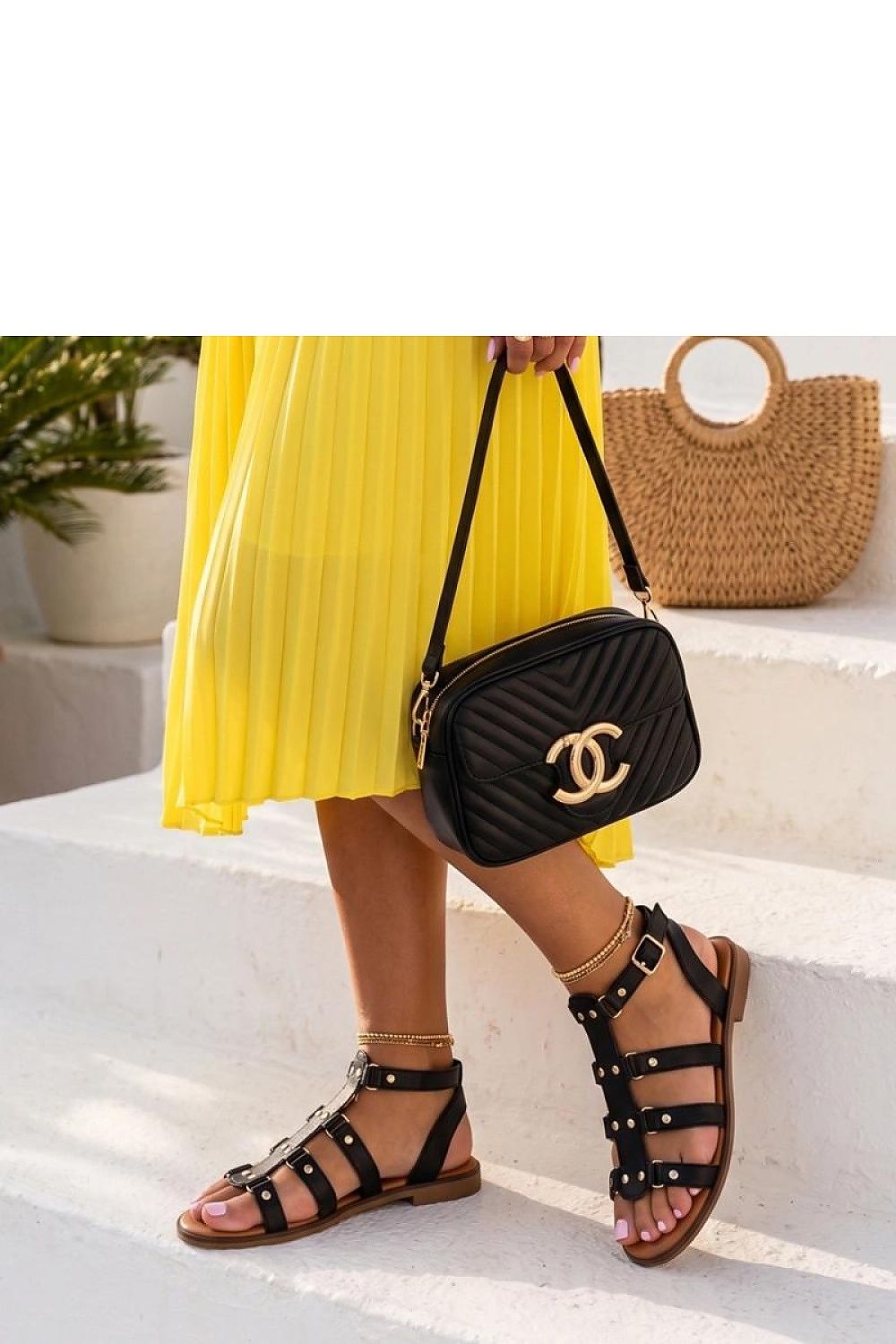 Women's White, Yellow, and Black Faux Leather 2 Cm Heel Sandals view 6