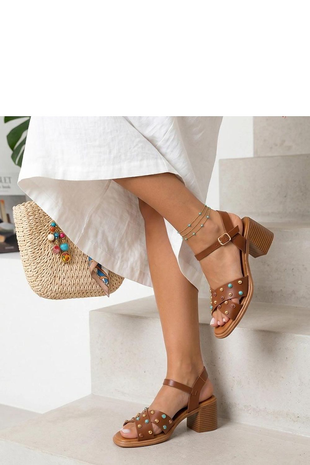 Women's Brown and White Faux Leather Heeled Sandals side view
