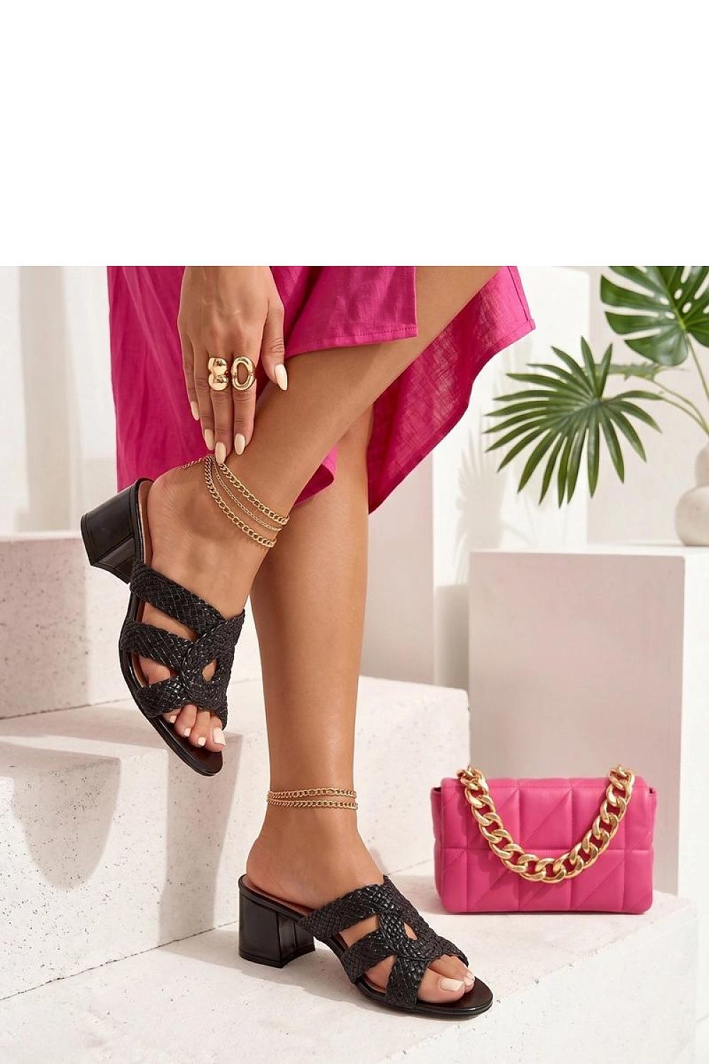 Women's Black, Yellow, and Grey Faux Leather Block Heel Strap Detail Heeled Sandals front view
