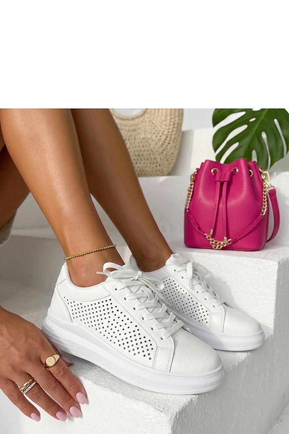 Women's White and Beige Faux Leather Platform Sole Sport Sneakers front view