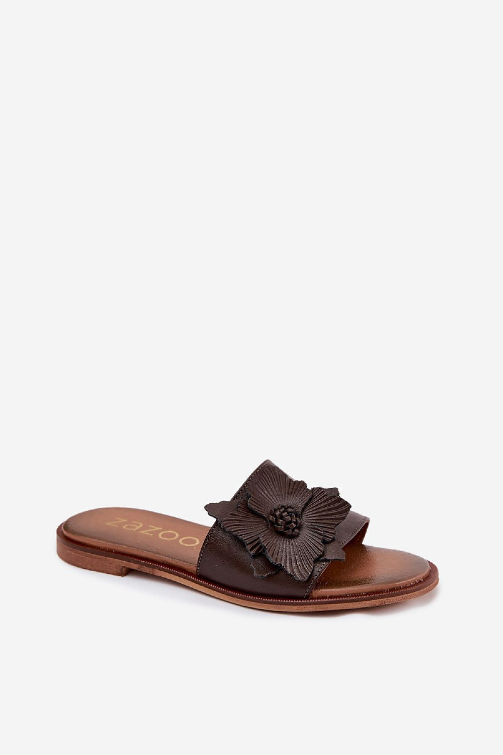 Women's Brown Leather Strap Detail 1 Cm Heel Flip-flops side view