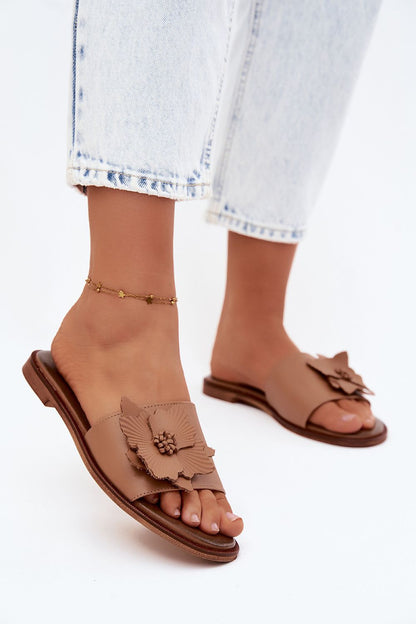 Women's Brown Leather Strap Detail 1 Cm Heel Flip-flops back view