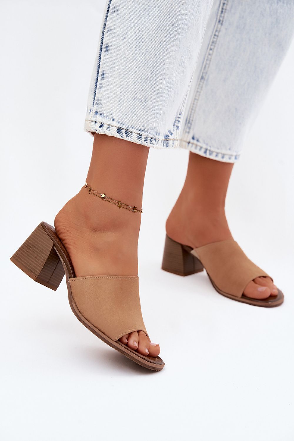 Women's Beige Suede Heeled Sandals front view