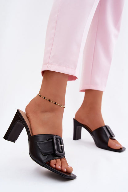Women's Black Faux Leather Heeled Sandals front view