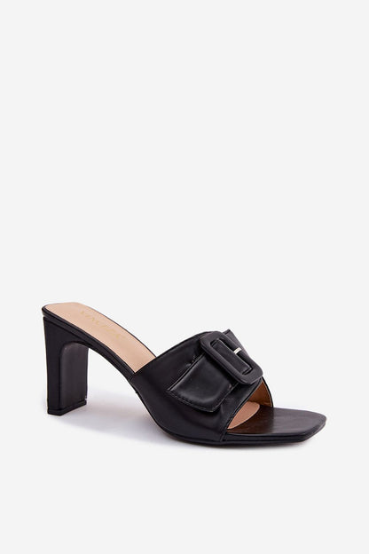 Women's Black Faux Leather Heeled Sandals side view
