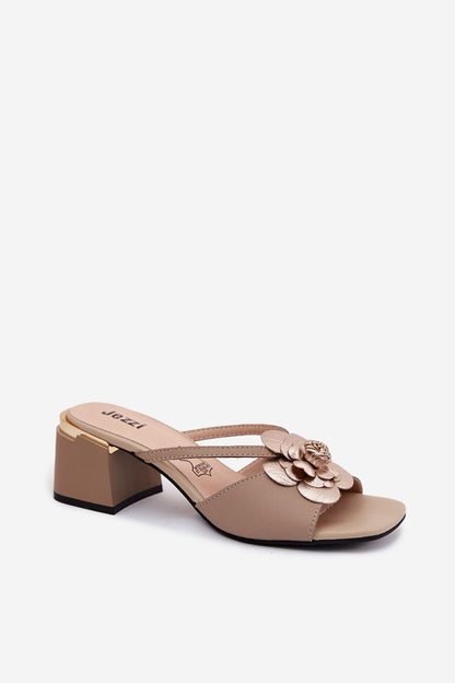 Women's Beige and White Leather Block Heel Heeled Sandals side view