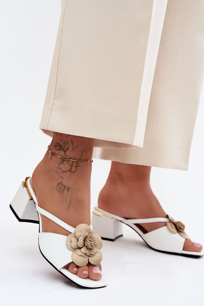 Women's Beige and White Leather Block Heel Heeled Sandals view 5