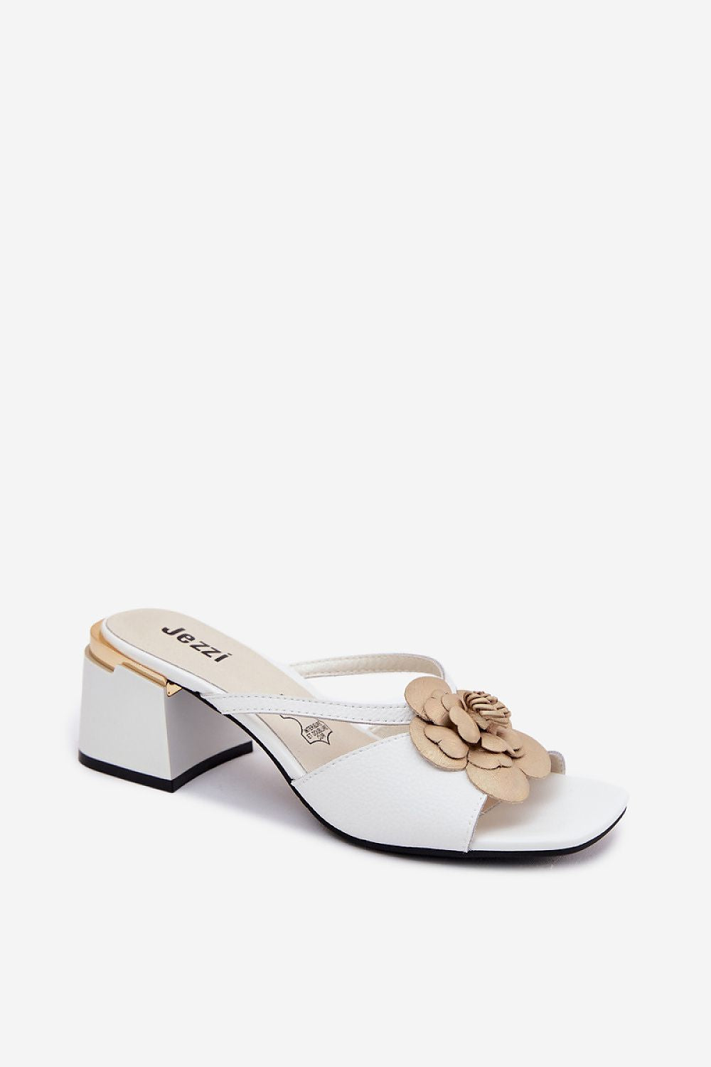 Women's Beige and White Leather Block Heel Heeled Sandals view 6