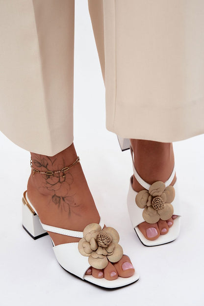 Women's Beige and White Leather Block Heel Heeled Sandals view 7