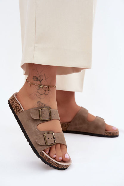 Women's Beige and Green Faux Leather Strap Detail Flip-flops front view