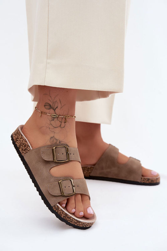 Women's Beige and Green Faux Leather Strap Detail Flip-flops front view