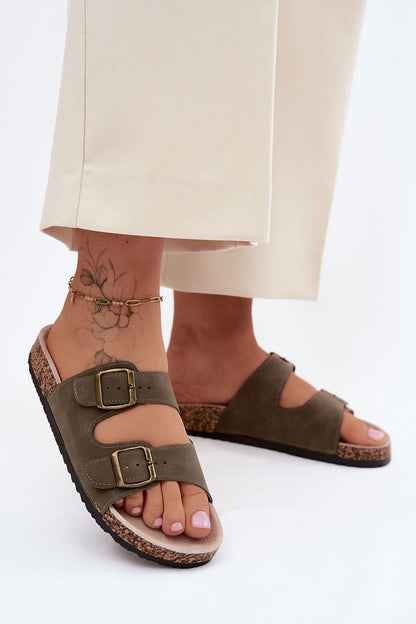 Women's Beige and Green Faux Leather Strap Detail Flip-flops back view