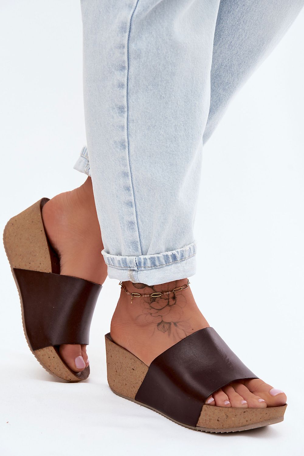Women's Yellow and Brown Leather Platform Sole 7 Cm Heel Wedge Sandals back view