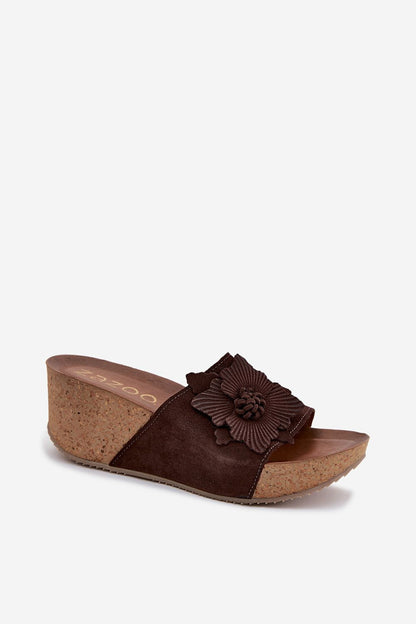 Women's Brown Leather Platform Sole 7 Cm Heel Wedge Sandals side view