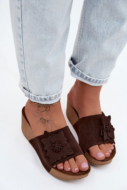 Women's Brown Leather Platform Sole 7 Cm Heel Wedge Sandals detail view