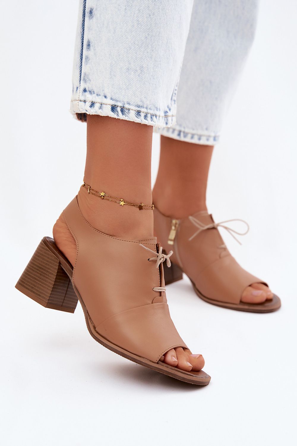 Women's Beige and Brown Leather Strap Detail Easy-fit Elastic Detail Heeled Sandals front view