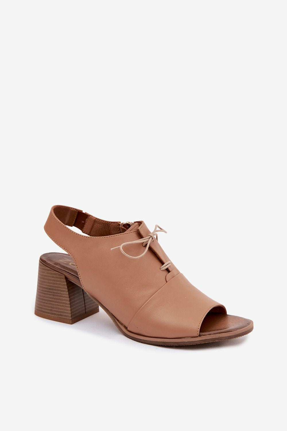 Women's Beige and Brown Leather Strap Detail Easy-fit Elastic Detail Heeled Sandals side view