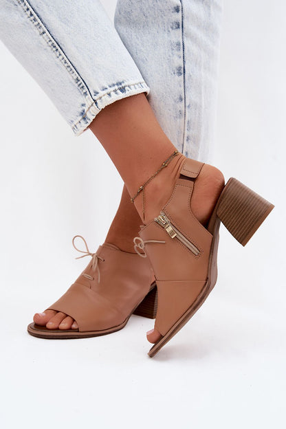 Women's Beige and Brown Leather Strap Detail Easy-fit Elastic Detail Heeled Sandals detail view