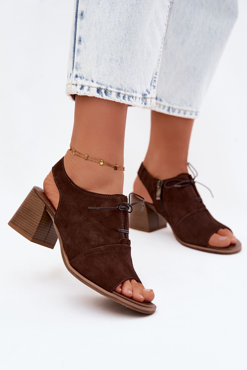 Women's Beige and Brown Leather Strap Detail Easy-fit Elastic Detail Heeled Sandals back view