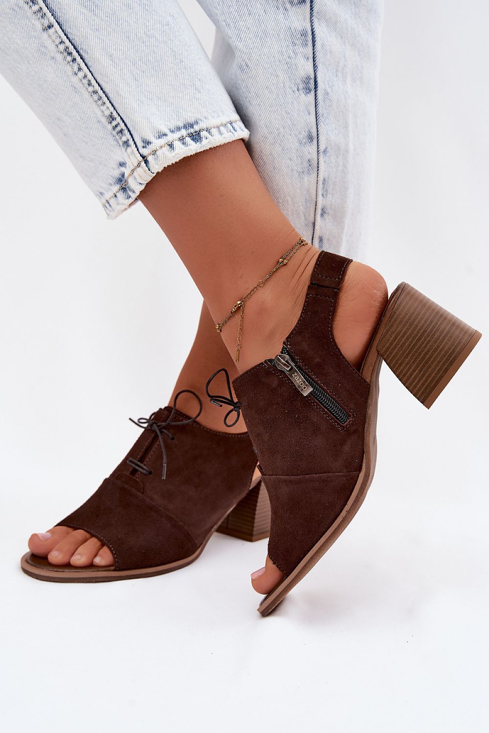 Women's Beige and Brown Leather Strap Detail Easy-fit Elastic Detail Heeled Sandals view 6