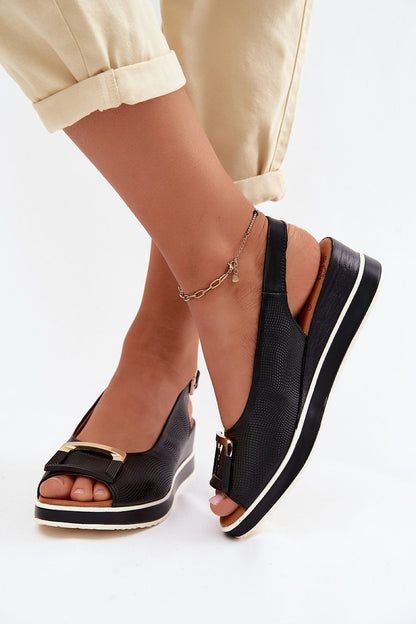 Women's Black Leather 5 Cm Heel Wedge Sandals front view
