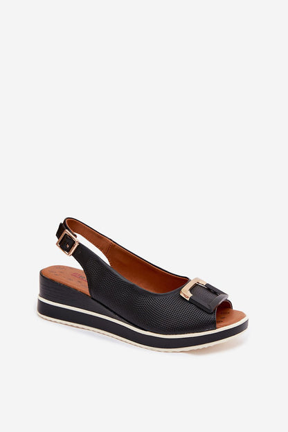 Women's Black Leather 5 Cm Heel Wedge Sandals side view