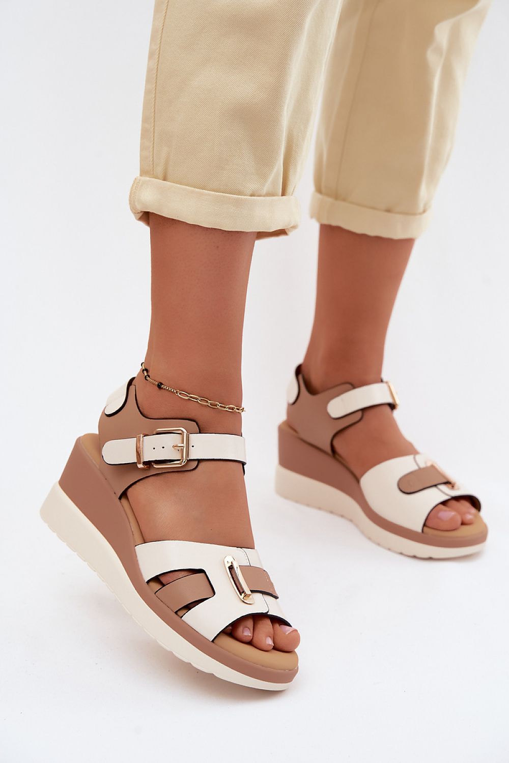 Women's Beige and Black Leather Strap Detail 7 Cm Heel Wedge Sandals front view