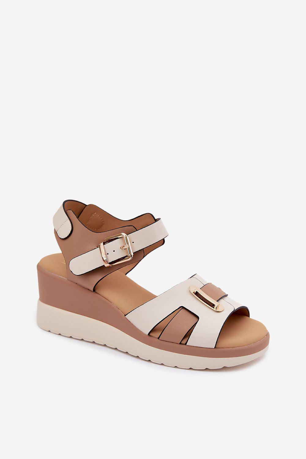 Women's Beige and Black Leather Strap Detail 7 Cm Heel Wedge Sandals side view