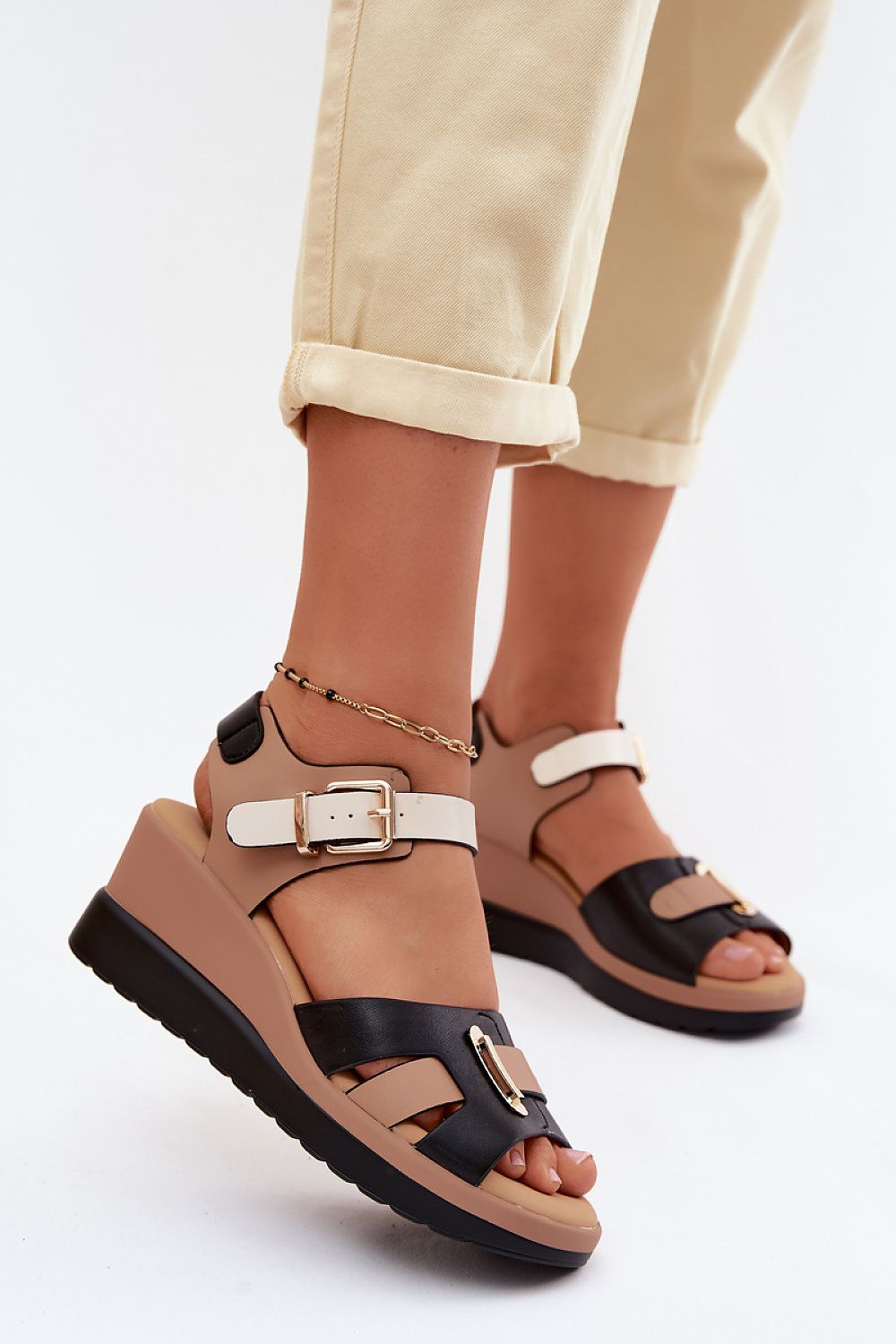 Women's Beige and Black Leather Strap Detail 7 Cm Heel Wedge Sandals back view