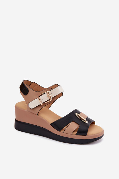 Women's Beige and Black Leather Strap Detail 7 Cm Heel Wedge Sandals view 5