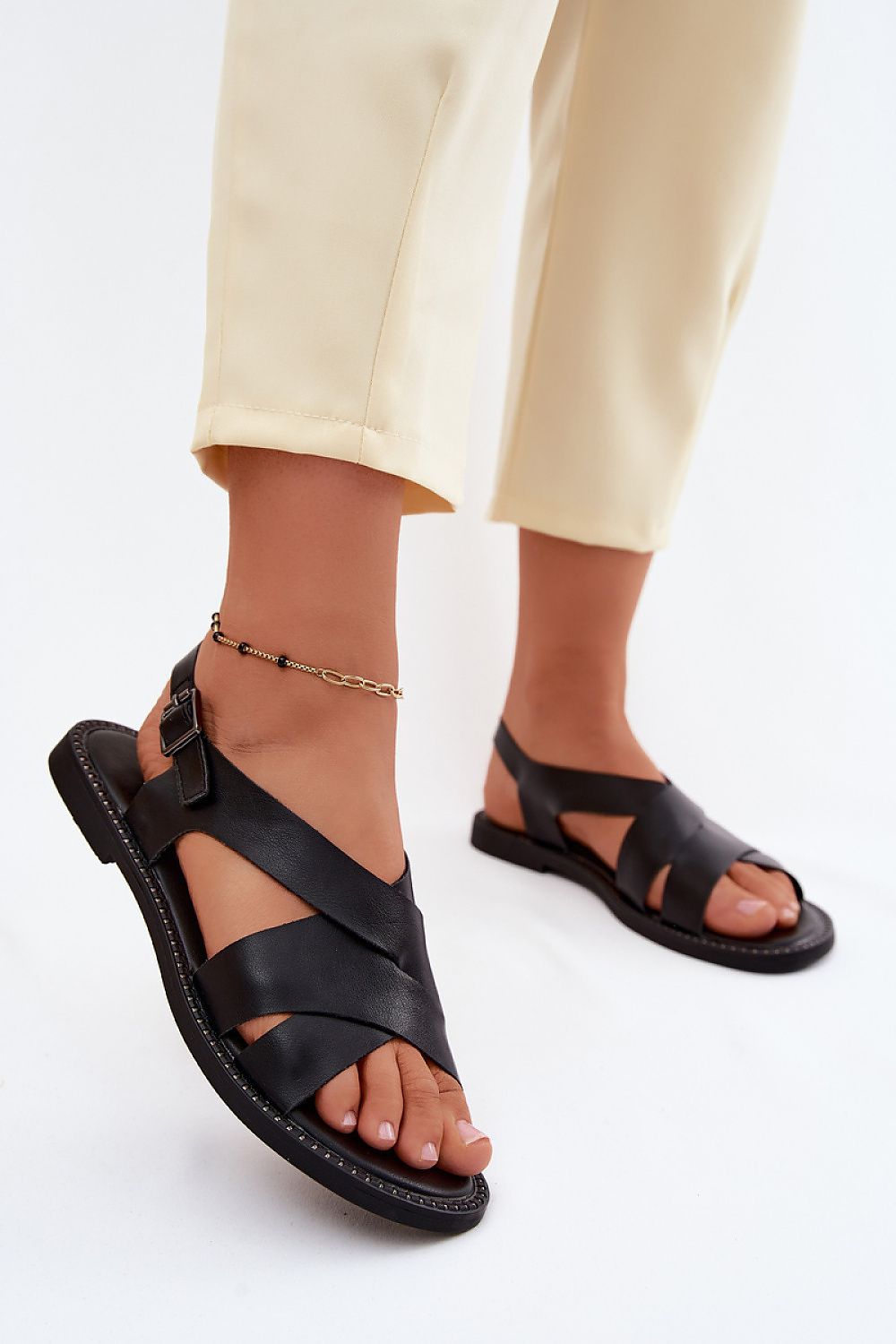 Women's Black and Yellow Faux Leather Strap Detail 1.5 Cm Heel Sandals front view