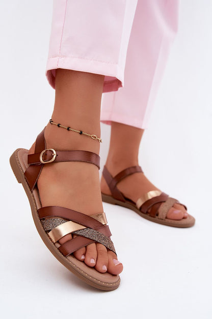 Women's Brown Faux Leather Strap Detail 1 Cm Heel Sandals front view