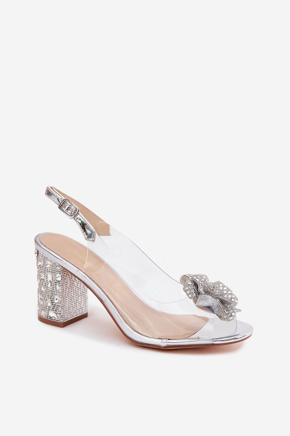 Women's Grey, Yellow, and Pink Heeled Sandals side view