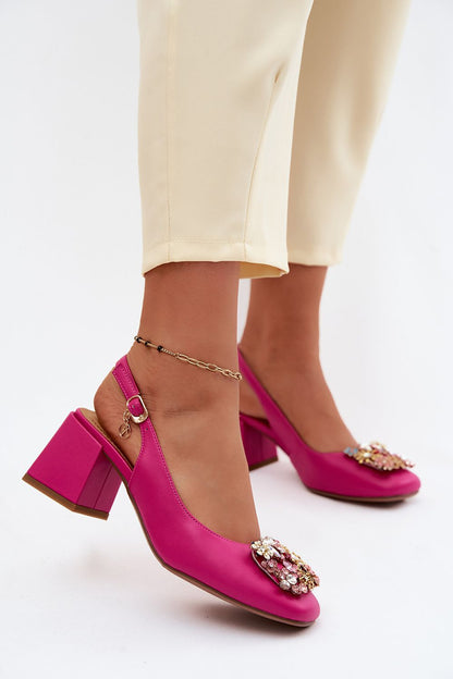 Women's Pink Leather Block Heel Pumps front view